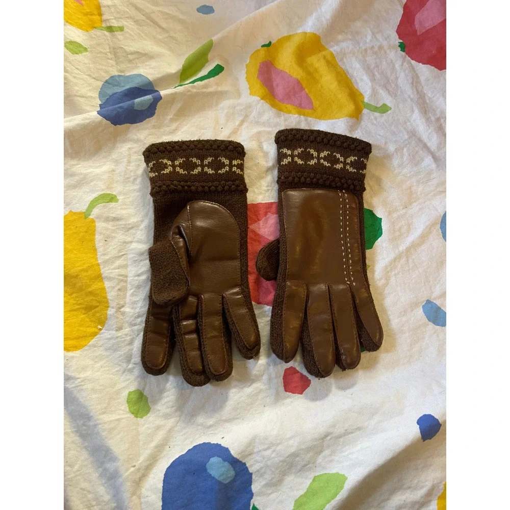 Vintage Womens Brown faux‎ Leather Knit Cuff Gloves Cozy Winter